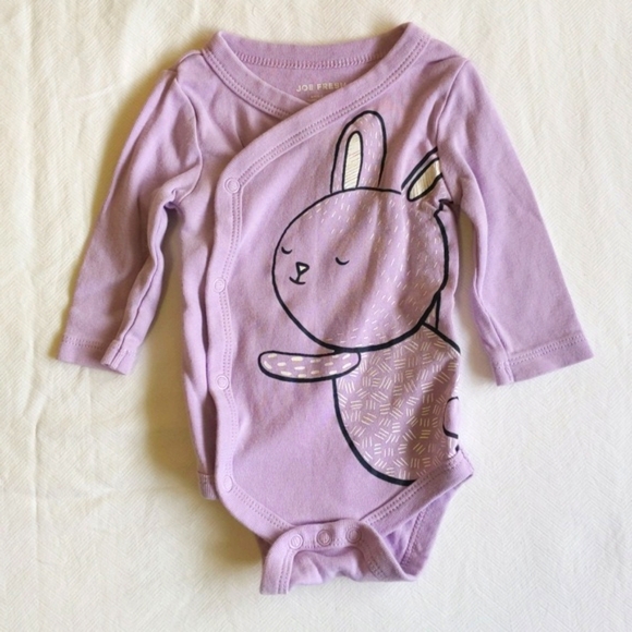 joe fresh purple bunny kimono style long sleeve bodysuit diaper shirt 0-3 baby - Picture 1 of 4